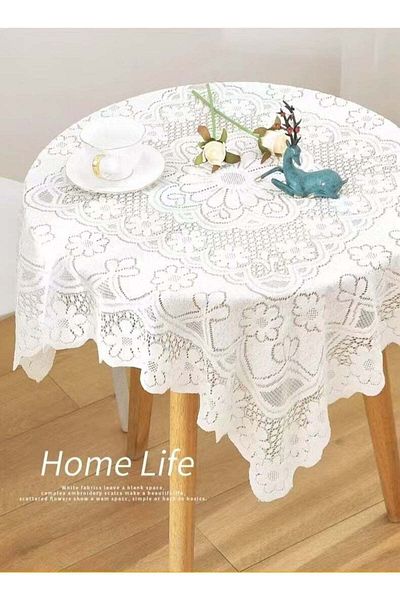 Generic Lace Square Tablecloth 90 x 90 cm Elegant White Bedside Table Cover Embroidery Flower Design Table