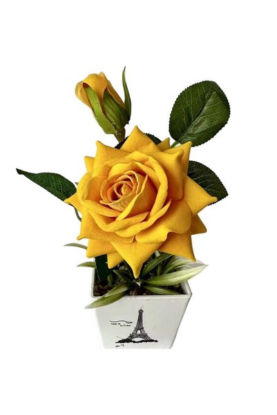 Generic Artificial Rose Flowers Potted Plants Yellow