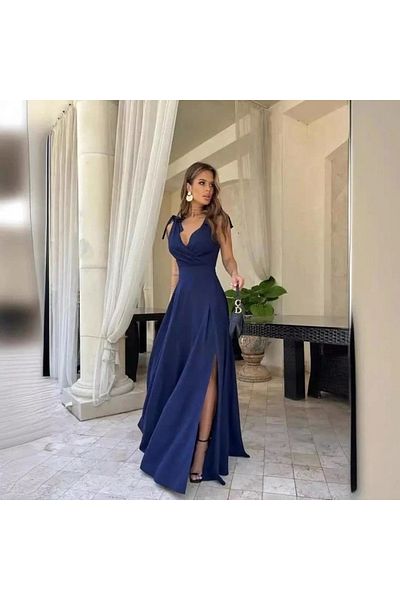 nedo7 Women's Straps Shoulder Tie Double Breasted Collar Long Slit Janjan Crepe Dress