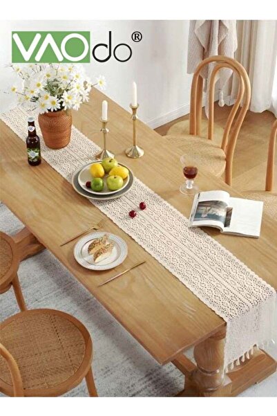 Generic VAOdo Hollow-out Table Runner with Tassels, Rustic Farmhouse Style Polyester-Cotton Tablecloth for