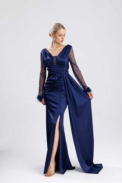 Zoe Zoe Satin Fabric Sleeves Otrişli Bead Detail Fish Dress