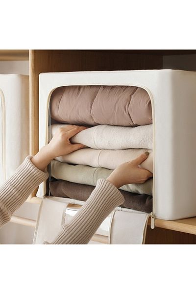 EMATTERIO Foldable Textile Storage Box, With Window, Double Zipper, 66L, 50x40x33 cm, Beige
