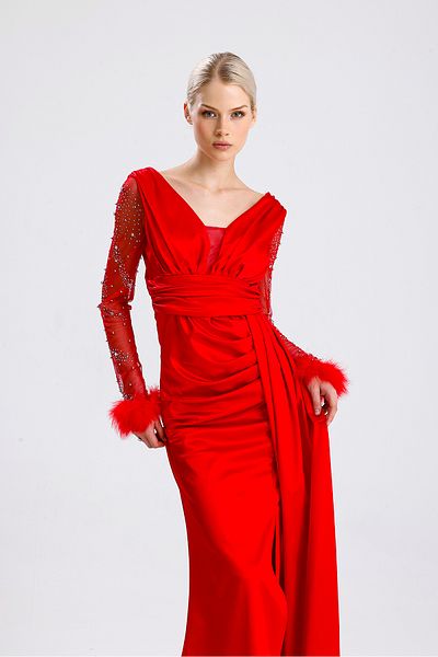 Zoe Zoe Satin Fabric Sleeves Otrişli Bead Detail Fish Dress