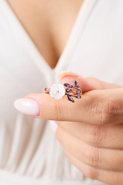 A-STİL TAKI 925 Ayar Gümüş Ametist Mor Manolya Çiçeği Yüzük Hediye Kutulu