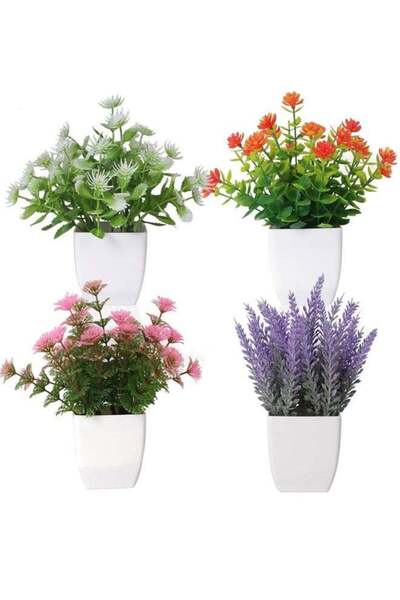 Generic 4 Pack Mini Artificial Flowers in Pot, Small Fake Greenery Plants, Fa...