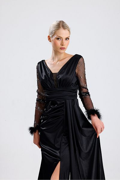 Zoe Zoe Satin Fabric Sleeves Otrişli Bead Detail Fish Dress