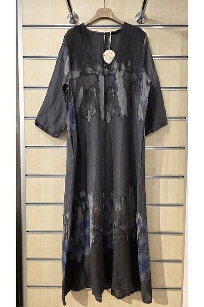 Park Moda Long Linen Dress Splash Floral Pattern