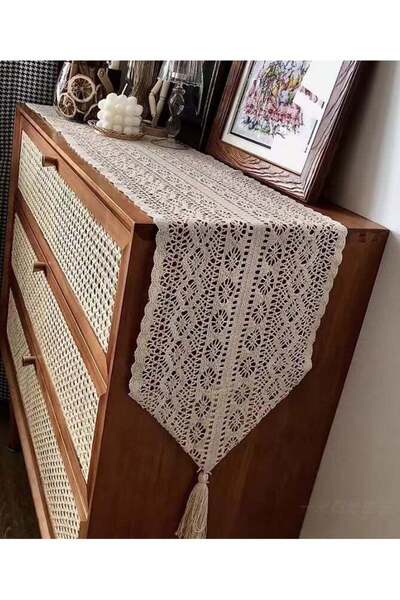 Generic jisimu Hollow Table Runner Hand Crocheted Hollow Table Runner Polycotton Blend Elegant Beige for Co
