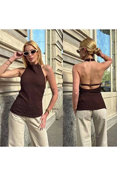 bysoca Γυναικεία καφέ μπλούζα με λαιμόκοψη με ανοιχτή πλάτη με κορδόνια με υφ...