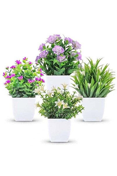 Generic 4 Pack Mini Artificial Flowers in Pot, Small Fake Greenery Plants, Fa...