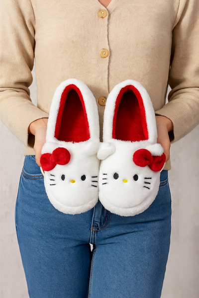 FootFrenzy Women's Hello Cartoon Patterned Ribbon Detailed Plush House Slippers