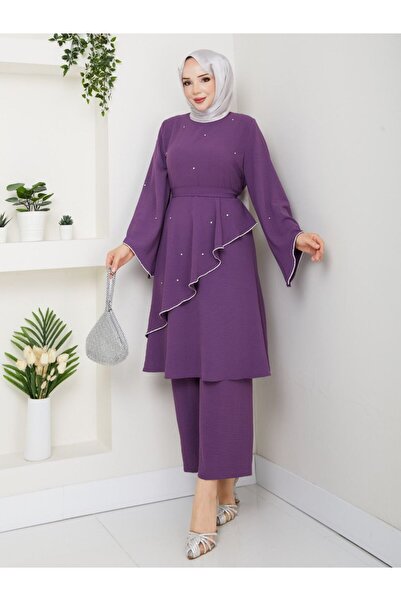 Monchoix Kadın Taş Detaylı Çapraz Döküm Detaylı Büyük Beden Ayrobin Kumaş İkili takım