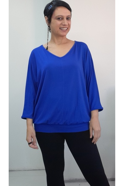 Mertcan Butik Civit Blue V-Neck Bat Three-Quarter Sleeve Combed Viscose T-Shirt