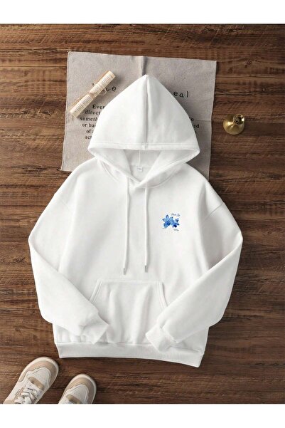 Deocept Φούτερ Unisex Λευκό Oversize με λουλουδάτο εμπριμέ με κουκούλα