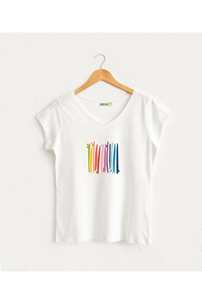 Kidilia Renkli Sörf Görselli Kadın V yaka %100 Pamuklu Tasarım T-shirt