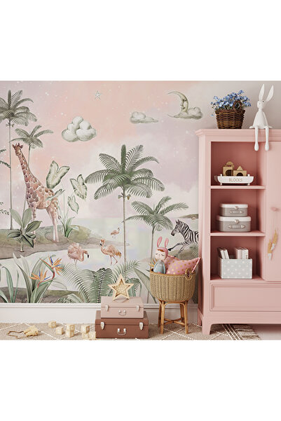 Tasarım Tropikal Orman ve Hayvanlar Pembe Gökyüzü Zürafa Zebra ve Flamingolar Çocuk Odası Duvar Kağıdı