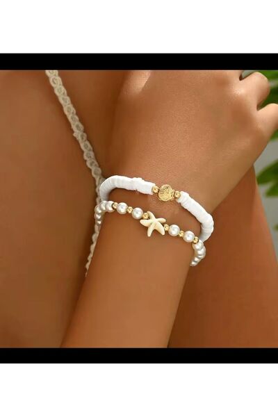 Arescollection Sea Star Pearl Gold Oyster Detailed Bracelet Set of 2
