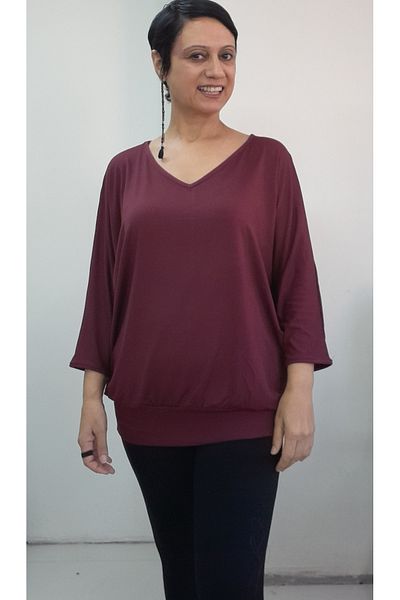 Mertcan Butik Burgundy V-Neck Bat Three-Quarter Sleeve Combed Viscose T-Shirt