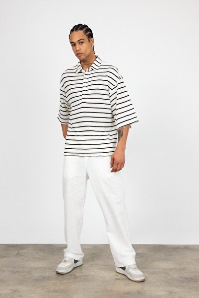 İLKCET MODA Μαύρο μπλουζάκι με μισό μανίκι με ριγέ με κουμπιά