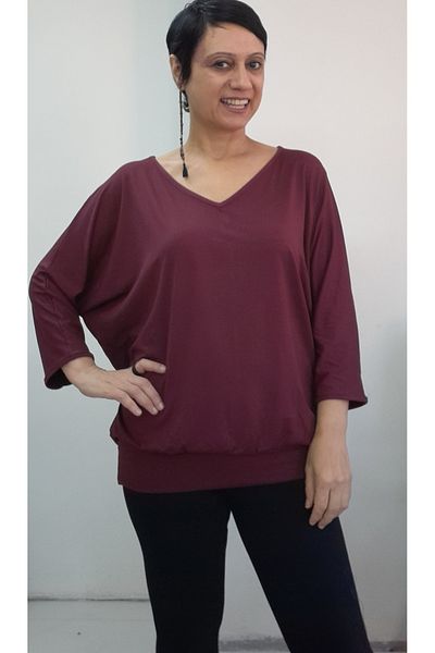 Mertcan Butik Burgundy V-Neck Bat Three-Quarter Sleeve Combed Viscose T-Shirt