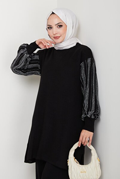 BisuModa Kolu Sim Detaylı Triko Pantolonlu Tunik Takım