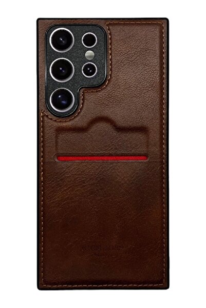 DESİNGSHOP Samsung Galaxy S24 Ultra Kartlıklı Lüx Deri Kılıf Koyu Kahverengi