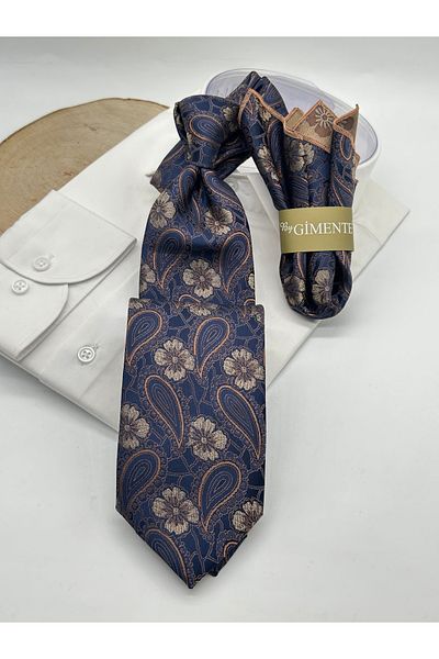Gutiero Navy Blue Shawl Patterned Classic Tie with Handkerchief