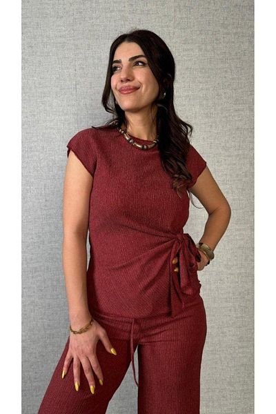 modamtn Women's Short Sleeve Crew Neck Side Tie Wrinkle Blouse and Trousers Double Suit