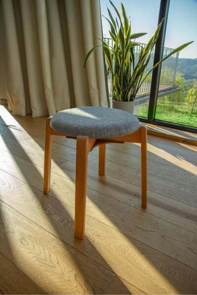 unboxdeco ARC Yuvarlak Puf Tabure Masif Kayın Ayaklı Gri