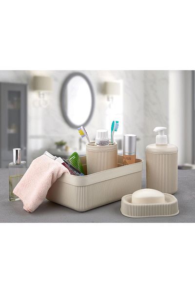 Egem Home Cream 4 Piece Bathroom Set Toothbrush Holder Liquid Soap Dispenser Solid Soap Dispenser and Bathroom Organizer