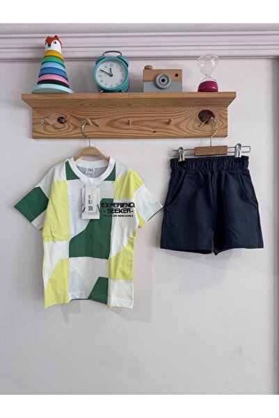 Kids Green Yellow White Mixed Shape Tshirt Anthracite Shorts Bottom-Top Set