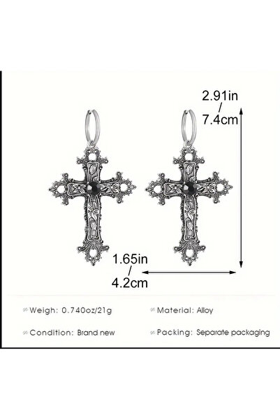 Chic Charms Gümüş Renkli Metal Büyük Haç Küpe Gotik Küpe