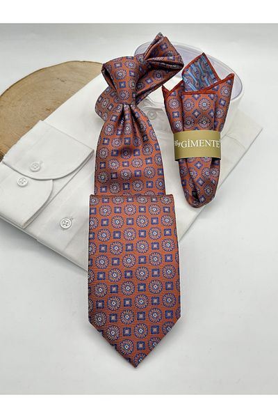 Gutiero Classic Tie with Orange Patterned Handkerchief