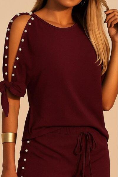 modamtn Women's short sleeve crew neck half open shoulder pearl detailed short t-shirt viscose double set