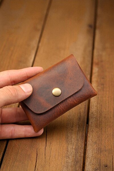 MAT Deri Tan Genuine Leather Card Holder Wallet, Minimal, Handmade, Seamless Design with Snap Closure