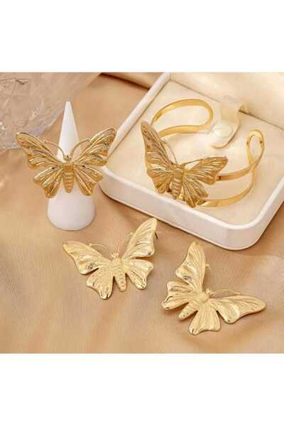 İMREN AKSESUAR Gold Plated Butterfly Bracelet, Earrings and Ring Set Gift for Lover Gift for Mom