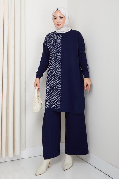 BisuModa Glitter Zebra Patterned Knitwear Tunic Set with Trousers