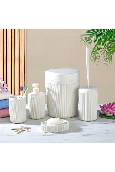 Egem Home White 5 Pieces Bathroom Set Trash Can Toilet Bowl Brush Liquid Soap Dispenser Toothbrush Holder and Solid Soap Dispenser Set