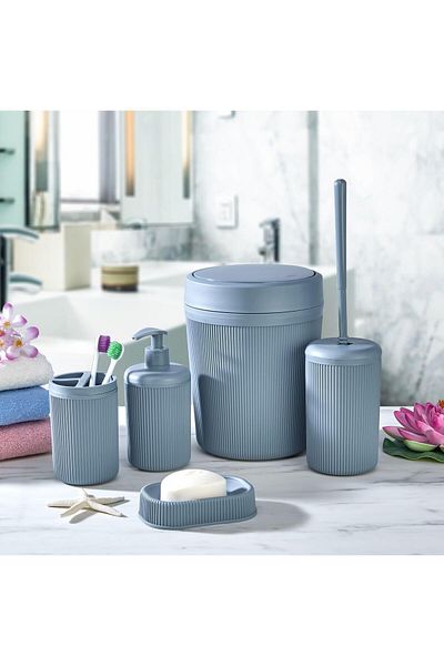 Egem Home Gray 5-Piece Bathroom Set Trash Can Toilet Bowl Brush Liquid Soap Dispenser Toothbrush Holder and Solid Soap Dispenser Set