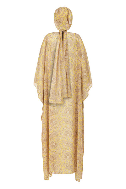 HARREL GOLDEN PAISLEY Şal Desenli Şifon Sarı Vizon Kaftan Bone Takım