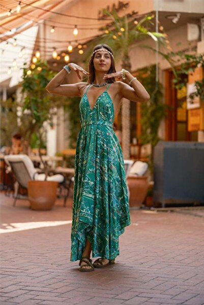 Miss Boheme Yeşil Renk Denizci Model Askılı Gold Detaylı İpek Elbise