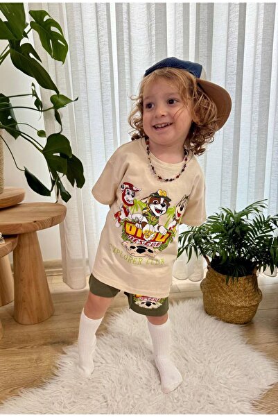 Kids Printed Cream Tshirt Khaki Shorts Set