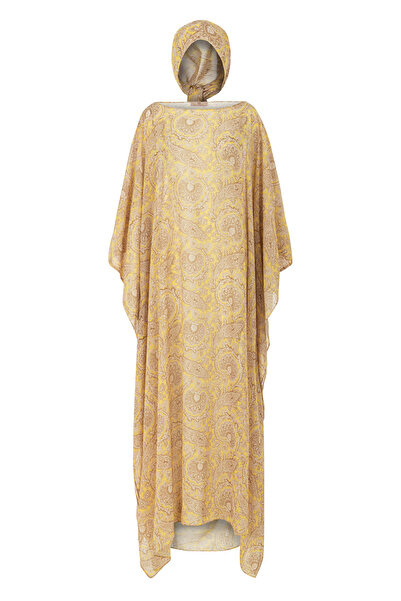 HARREL GOLDEN PAISLEY Şal Desenli Şifon Sarı Vizon Kaftan Bone Takım