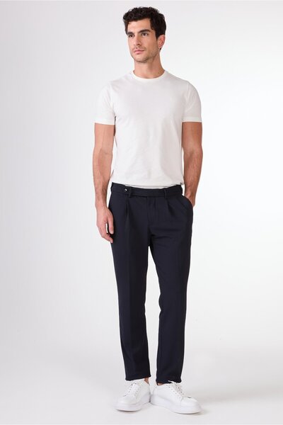 Dufy Dark Blue Flat Men's Pants - Slim Fit