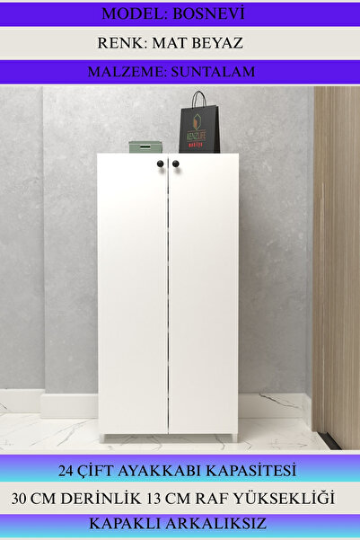 Kenzlife Kapaklı Ayakkabılık Bosnevi Mat Beyaz Sunta 125*060*30 Yirmidört Çift Ayakkabı Kapasitesi Arkalıksız
