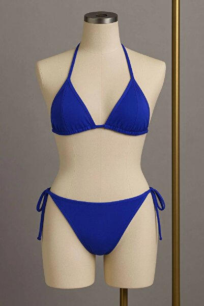 GiyimCity Kadın Mavi Yandan ve Boyundan Bağlamalı Bikini Mayo Takımı