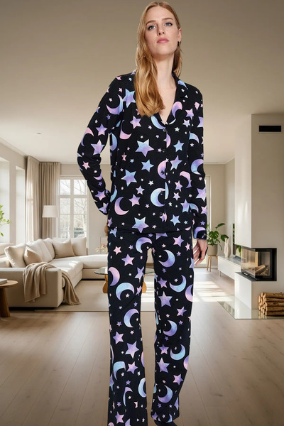 PayBuy Women's Long Sleeve 100% Cotton Pajama Set Galaxy Pattern Casual Comfortable Cut