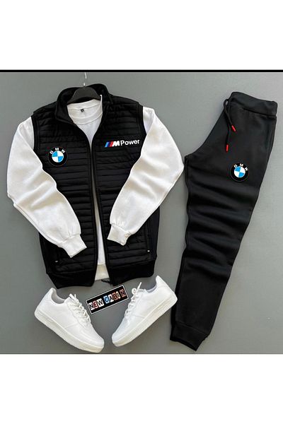 NewCabin New Season Mpower Printed Cotton Quilted Jacket-Sweatpants-Sweat 3-Piece Top-Bottom Set