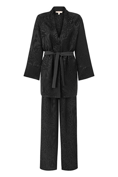 HARREL LEO Siyah Leopar Desenli İpek Saten Kimono Pantolon Takım