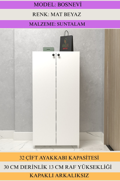 Kenzlife Kapaklı Ayakkabılık Bosnevi Mat Beyaz Sunta 125*080*30 Otuziki Çift Ayakkabı Kapasitesi Arkalıksız